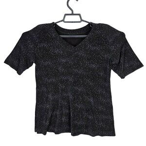 Womens Black Patterned Slinky Top V-Neck Short Sleeve Acetate Blend Stretch S